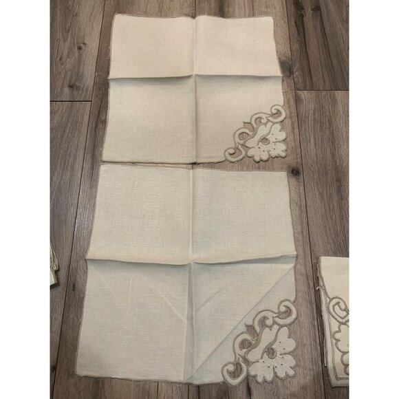 Vintage Set of 6 Muslin Table Cloth Napkins Beige Tan Embroidery Hand Sewn Cutou - Picture 2 of 5